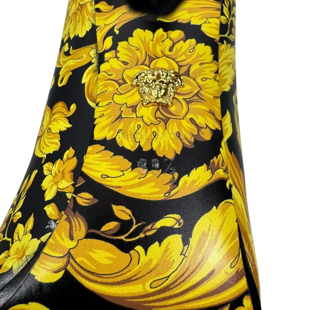 Versace Borocco Medusa Leather Heels Pointed Toe Printed Black And Gold 39.5